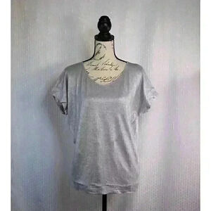 Eileen Fisher Size S 100% Linen silver metallic short sleeve jersey knit top